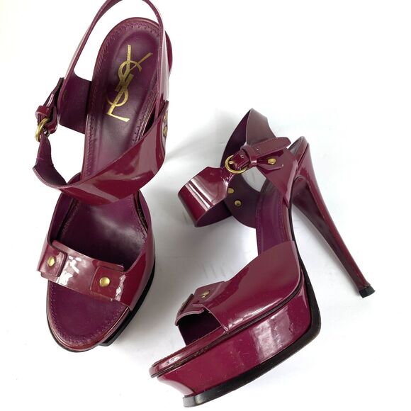 Yves Saint Laurent Tribute 75 Burgundy Patent Platform Heels Sz 40 US 10 Y2K VTG - Picture 2 of 13